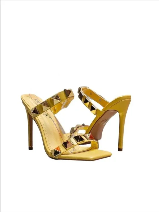 Yellow Studded High Heel Sandals With Straps & Square Toe Design For Women - Picture 12 of 15